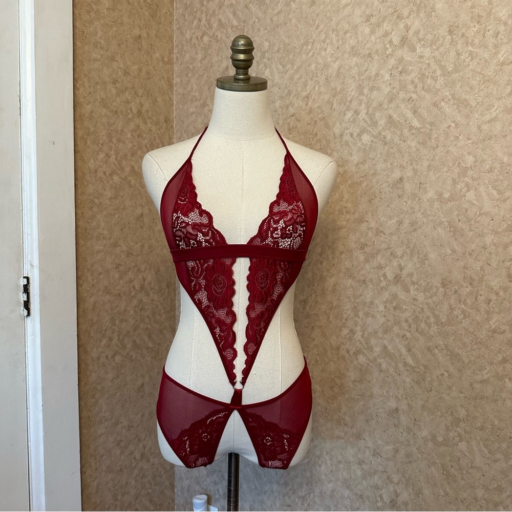 Dark Red Burgundy Lace Lingerie Metal Ring Crotchless Teddy Bodysuit